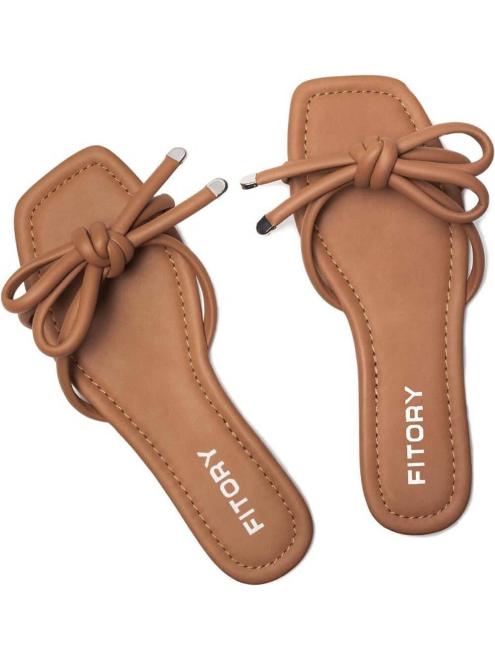 🆕Women's All Brown Flat Sandals Square Open Toe Slide with Cute Knot for Casual